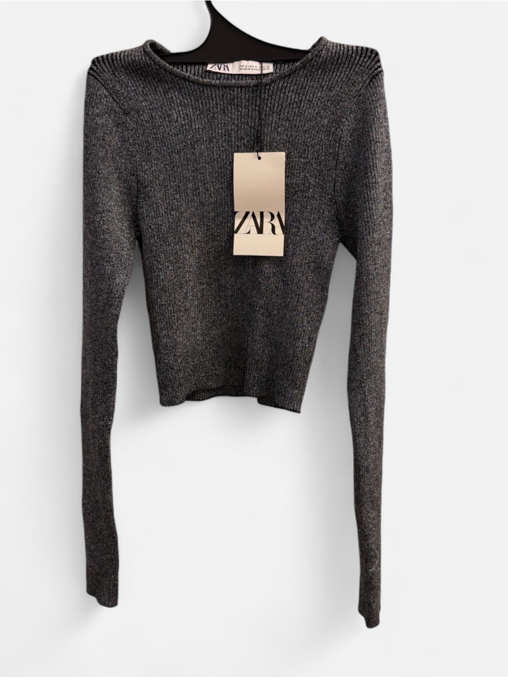 ZARA Metallic Silver Knit Long Sleeve Sweater Top Size S NWT